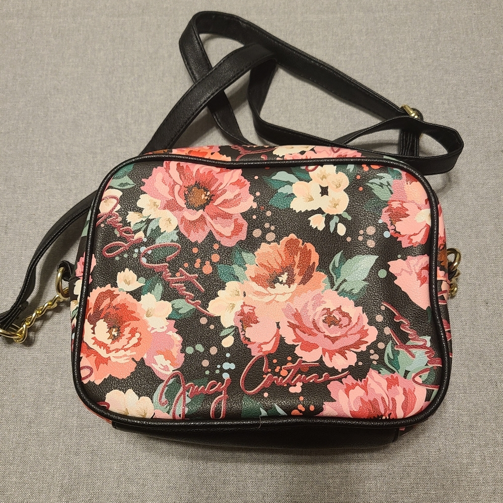 NWOT Juicy Couture Red Pink Floral Flower Black Leather Trim Purse - Picture 4 of 9